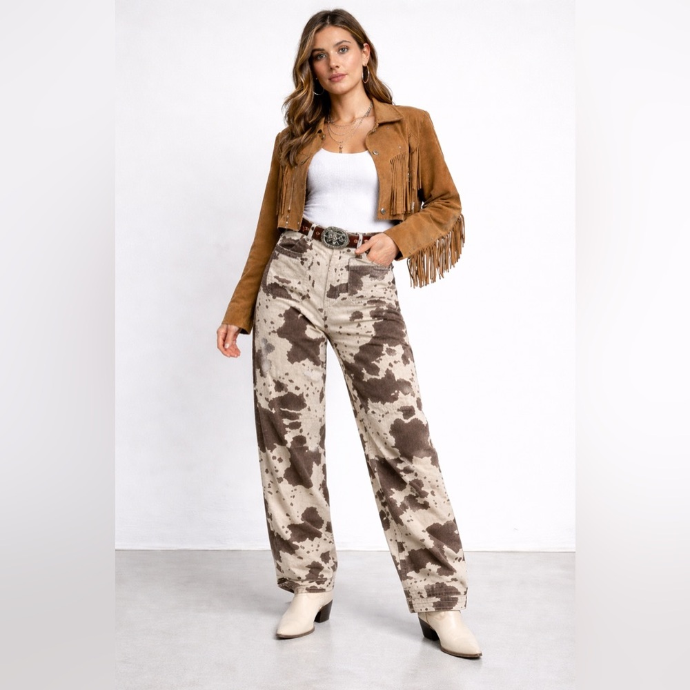 Le Lis Brown & Cream Cow Print Wide-Leg Jeans